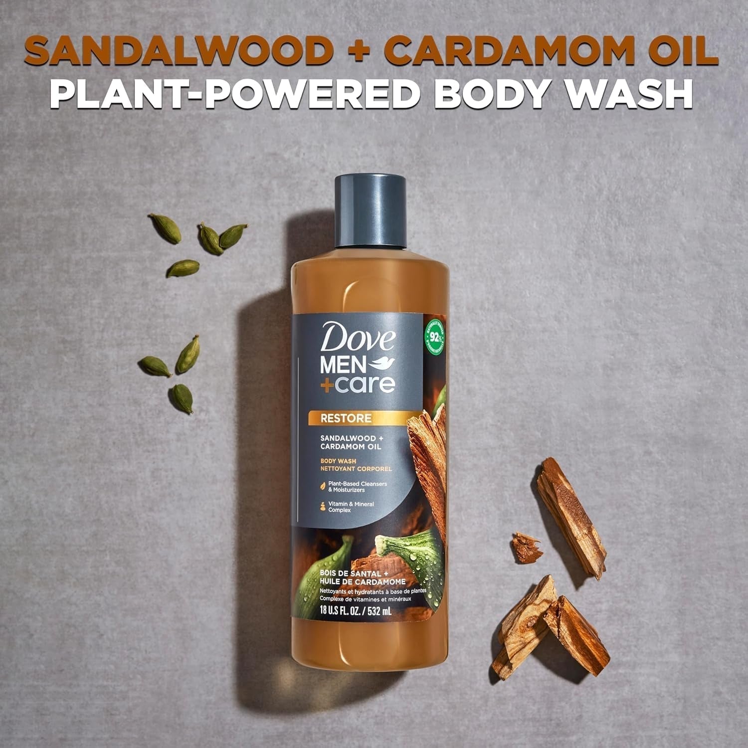 Dove Men+Care Body Wash Sandalwood + Cardamom Oil 4 Count to Rebuild Skin in the Shower with Plant-Based Cleansers and Moisturizers 18 Oz