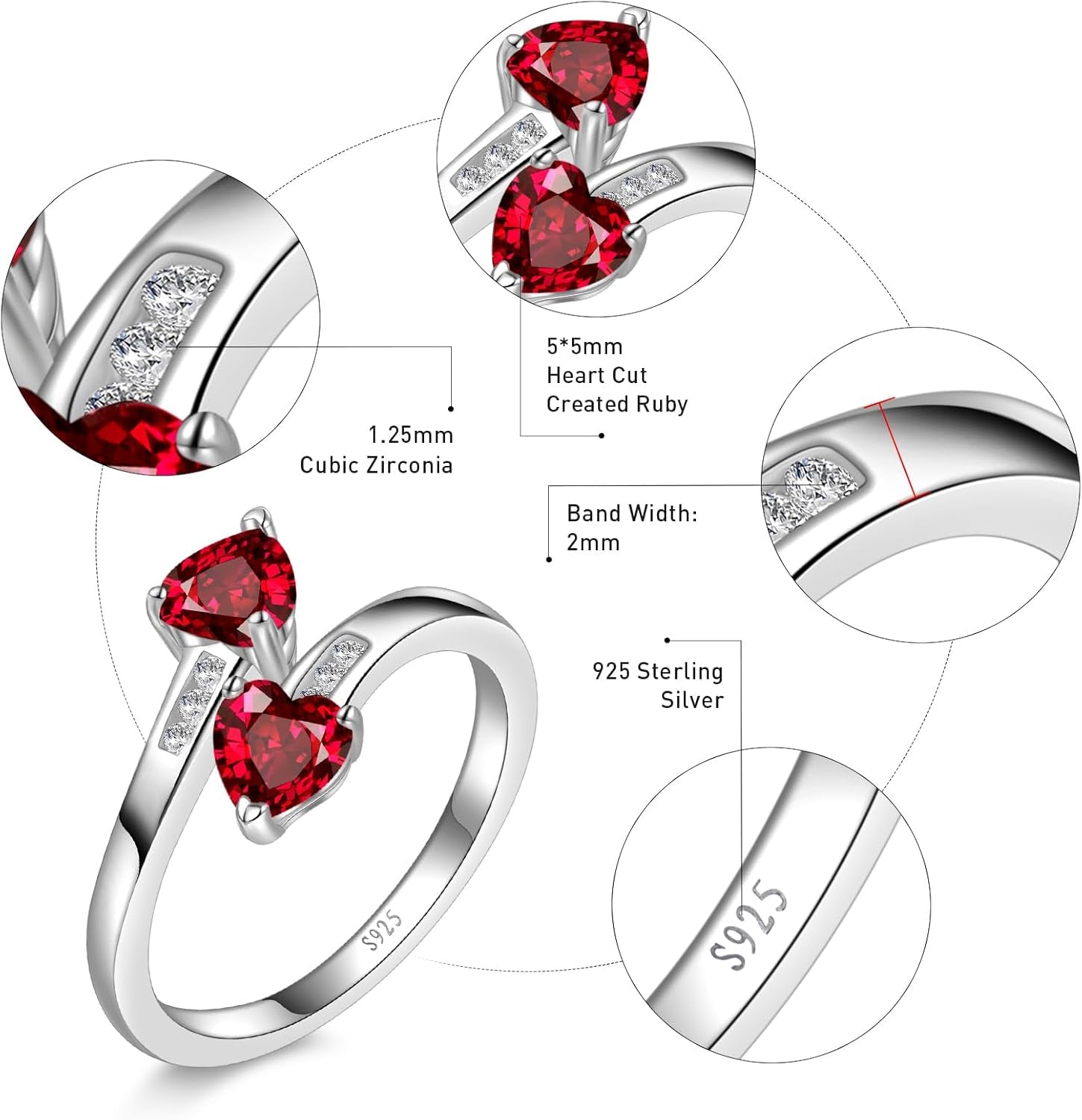 Adjustable Women Heart Ring 925 Sterling Silver Birthstone Rings for Women Promise Ring for Her Simulated Gemstone Statement Stackable Band Width 2Mm Open Size 5~9