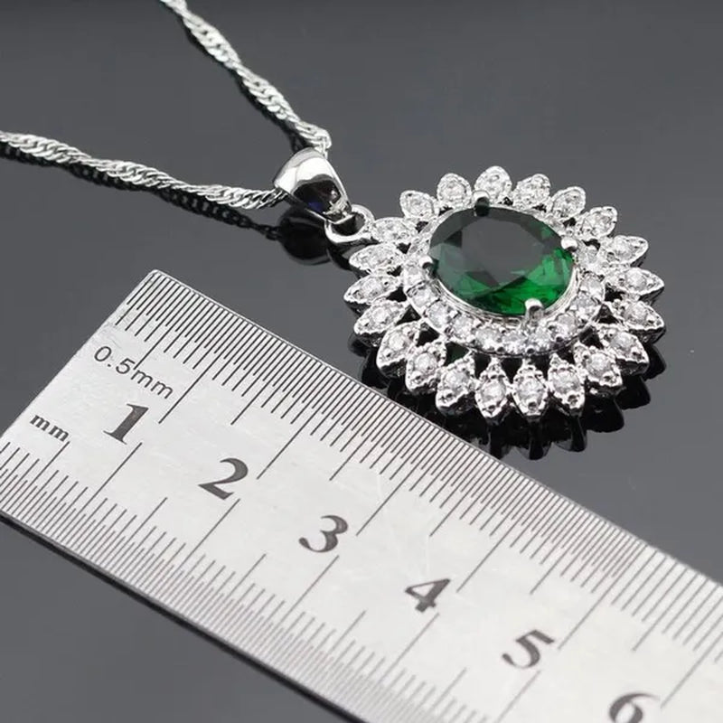 Flower Shaped 925 Silver Jewelry Sets Green Zircon Necklace Pendant Drop Earrings Ring for Women Dating Gift