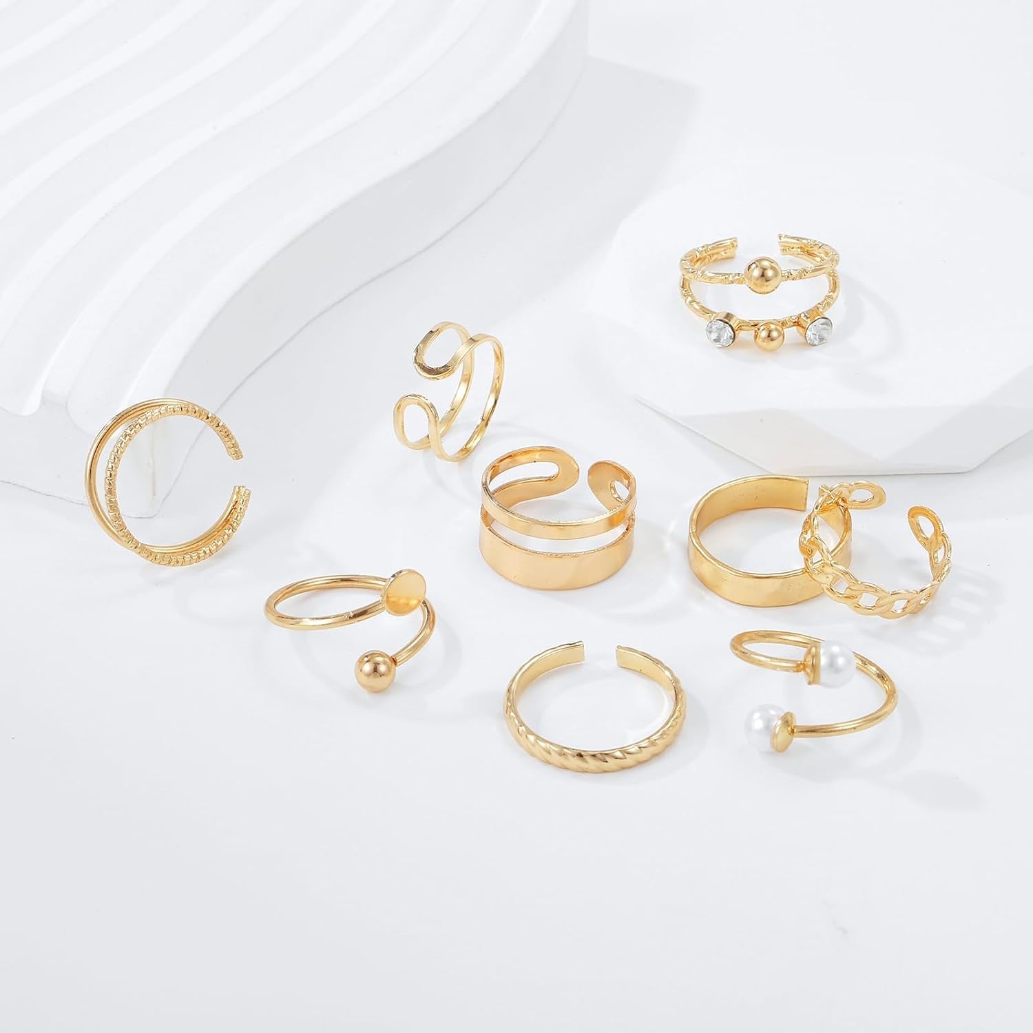 9Pcs Gold Adjustable Rings for Women Stackable Knuckle Ring Set with Pearl Exquisite Simple Fashion Jewelry for Thumb and Knuckles Adjustable Size in Pink Box