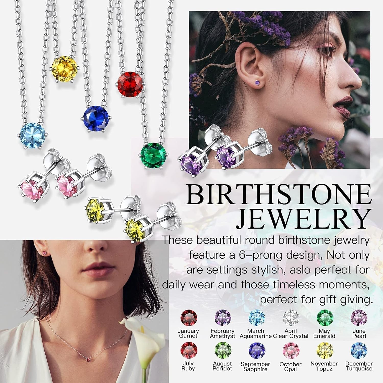 925 Sterling Silver 6 Prong Birthstone Necklace/Stud Earrings, Dainty Small Crystal Jewelry for Women (With Gift Box)