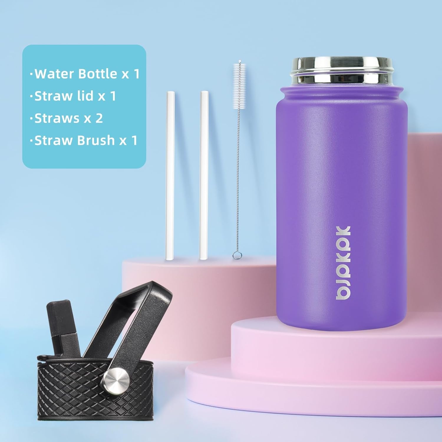 Water Bottle with Straw Lid, 15 Oz Insulated Water Bottle, Stainless Steel Metal Water Bottles, Reusable Leak Proof BPA Free Thermos, Flask, Cups, Macaron-Modena