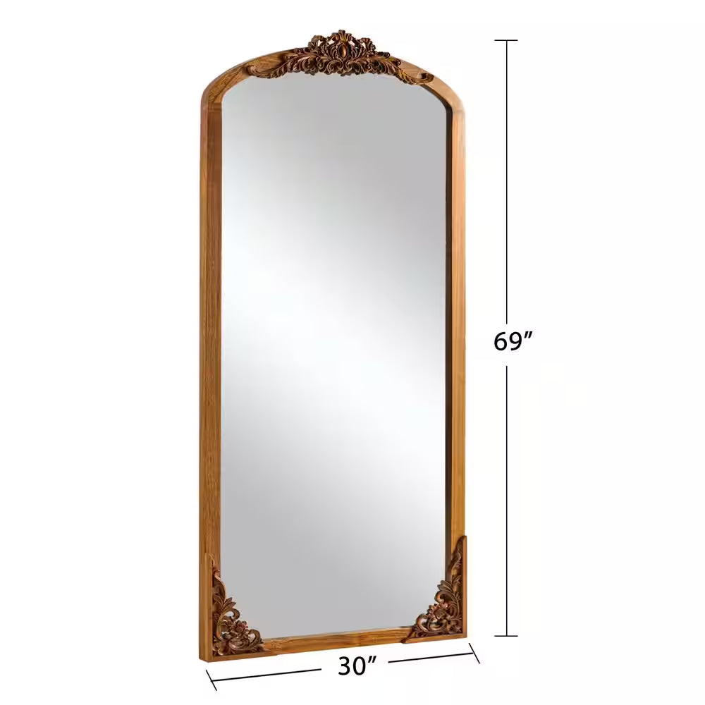 30 In. W X 69 In. H Rustic Arched Solid Wood Framed DIY Carved Full Length Mirror