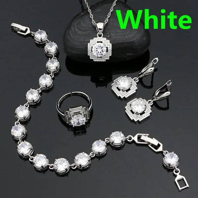 925 Sterling Silver Jewelry Set for Women Natural Green Cubic Zirconia Adjustable Ring Earrings Pendant Chain Bracelet 4PCS
