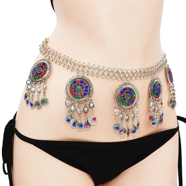 Bohemian Coin Tassel Color Rhinestones Hollow Out Waist Belly Body Chain for Woman