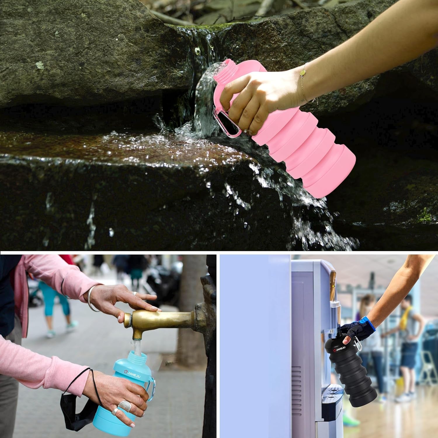 Janeju Collapsible Water Bottle, 32Oz BPA Free Silicone Reusable Portable Lightweight Foldable Water Bottles with Carabiner, Leak Proof Sports Water Bottle with Stainless Twist Cap (Blue)