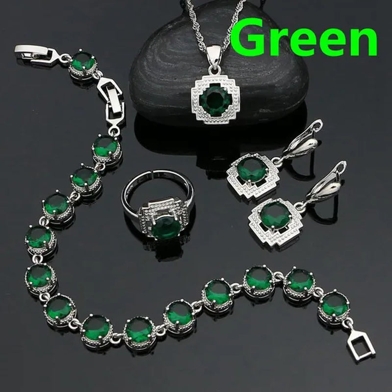 925 Sterling Silver Jewelry Set for Women Natural Green Cubic Zirconia Adjustable Ring Earrings Pendant Chain Bracelet 4PCS