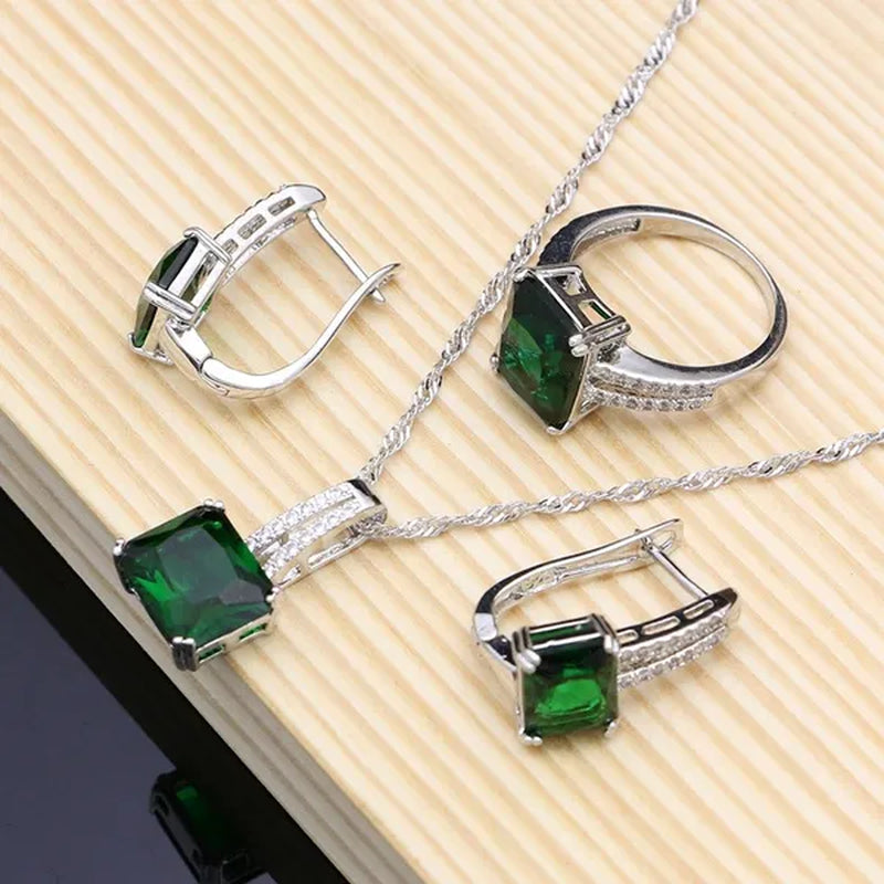 Natural Green Emerald 925 Sterling Silver Jewelry Sets Wedding Women Hoop Earrings/Pendant/Necklace/Ring/Bracelets