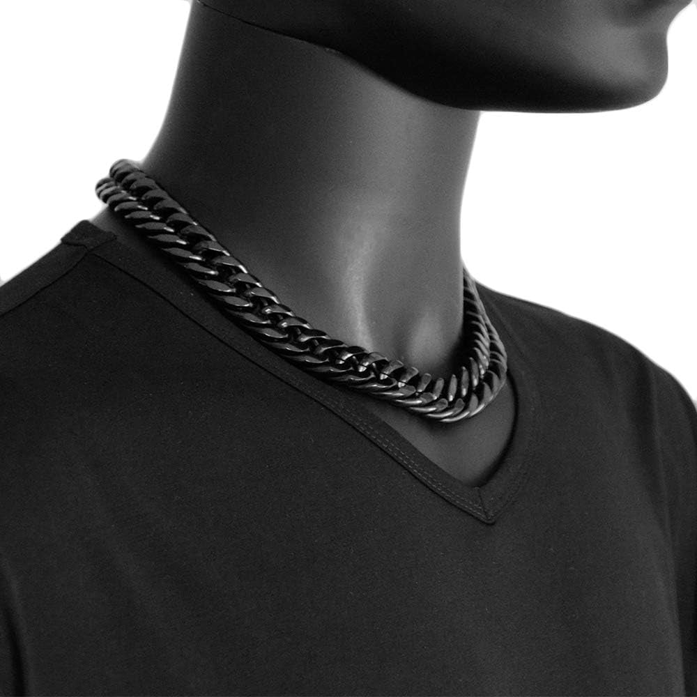 Chunky Mens Black Necklace Stainless Steel Curb Cuban Link Miami Chain Heavy Black Mens Choker
