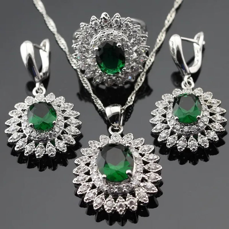 Flower Shaped 925 Silver Jewelry Sets Green Zircon Necklace Pendant Drop Earrings Ring for Women Dating Gift
