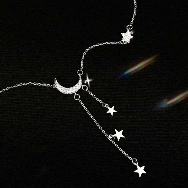 925 Silver Sterling Tassel Star Moon Necklace for Women Clavicle Chain Woman Jewelry Birthday Gift Accessories