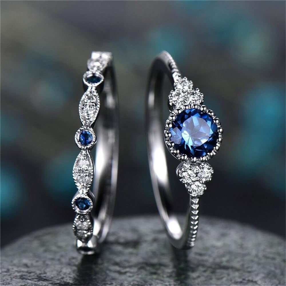 Fashion 2PCS 925 Sterling Silver Natural Sapphire Ring round Cut Cubic Zirconia Promise Rings CZ Classical Eternity Engagement Wedding Band Ring Set for Women (US Code 8)