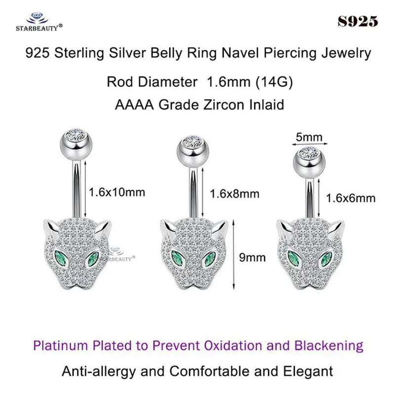 Starbeauty 1 Piece 1.6X6/8/10Mm Luxury 925 Sterling Silver Navel Ring Accessories Green Eye Leopard Belly Piercing Ombligo Crystal Zircon Belly Button Rings Navel Pierc Jewelry