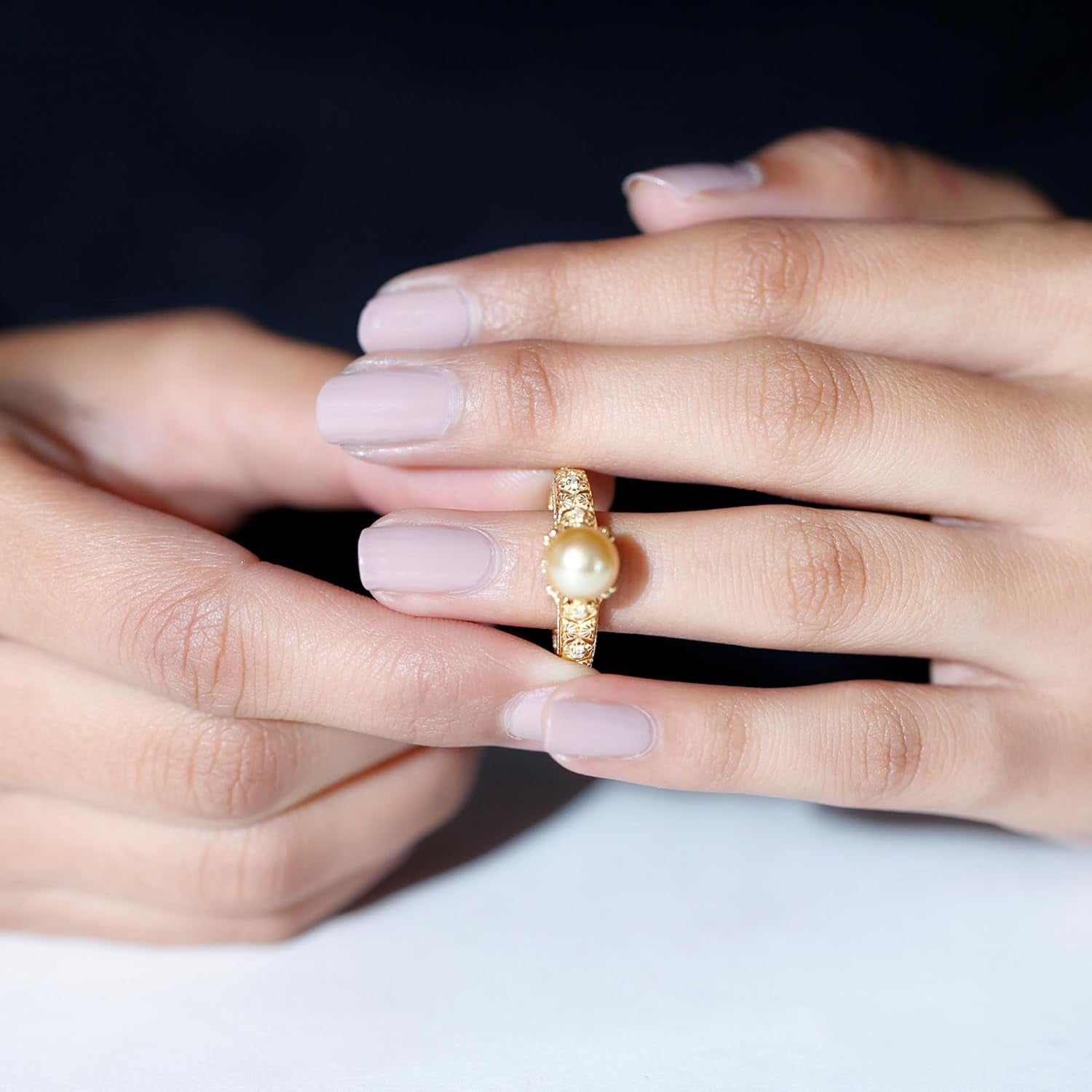 Real Golden Pearl Diamond Engagement Ring, AAA Quality, South Sea Pearl Flower Ring - Ready to Gift