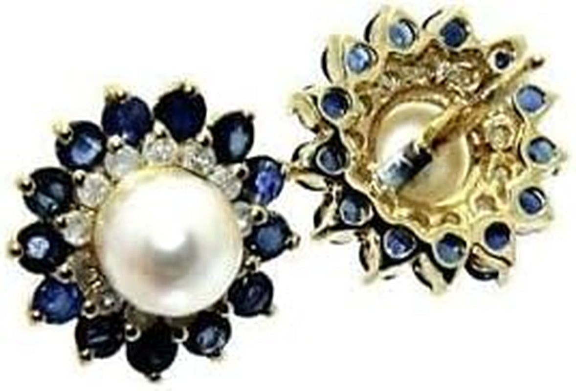Vintage 14K Yellow Gold Plated 1.36 Ct Sapphire Pearl Diamond Floral Stud Earrings