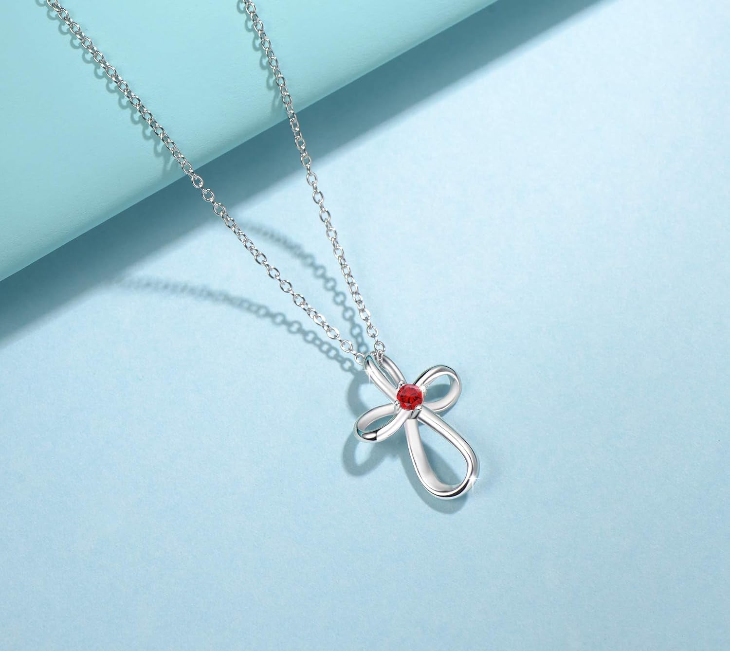 White Gold Plated 925 Sterling Silver Birthstone Open Loop Celtic Ribbon Cross Crucifix Infinity Pendant Necklace Cute Gifts for Women Girls, 16" + 2" Extender