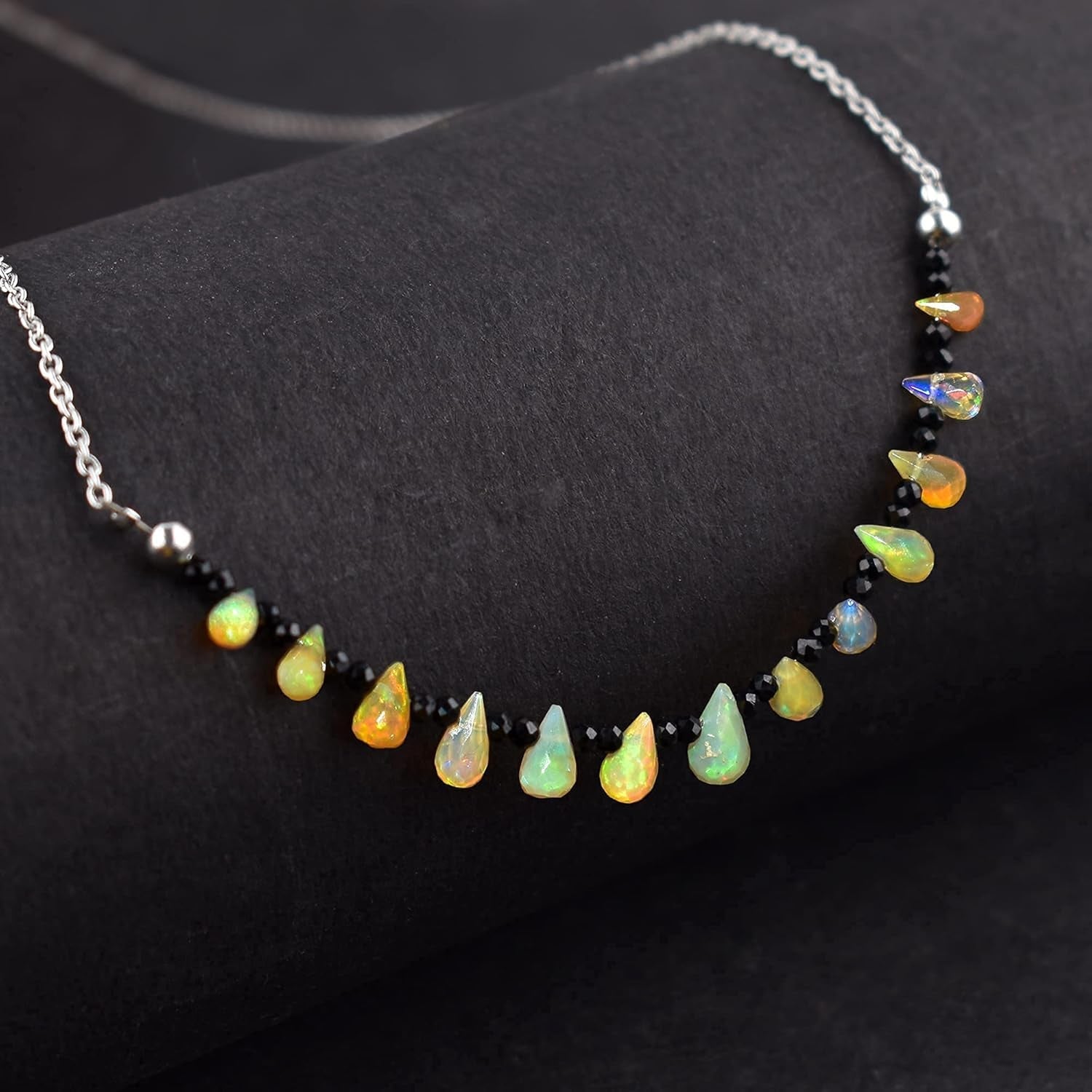 Fire Opal & Black Spinel Necklace for Women Birthstone Natural Gemstone Beads Dainty Designer Jewelry Chakra Energy Healing Crystals 925 Sterling Silver Chain 18 Inch