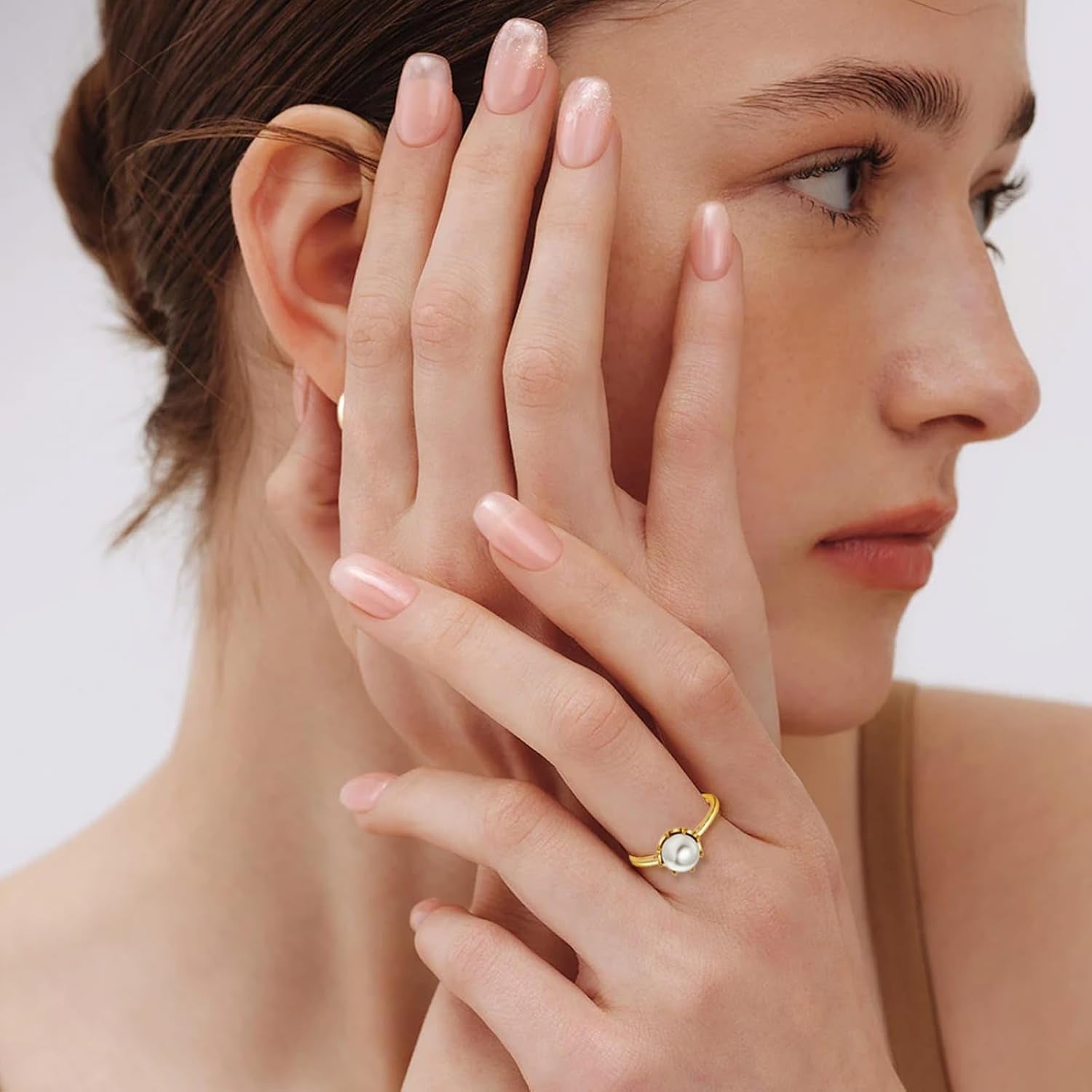 Pearl Ring for Women, 18K Gold Plated Womens Gold Rings for Bride Wedding Engagement Band Birthday Gold Rings Size 5 to 9