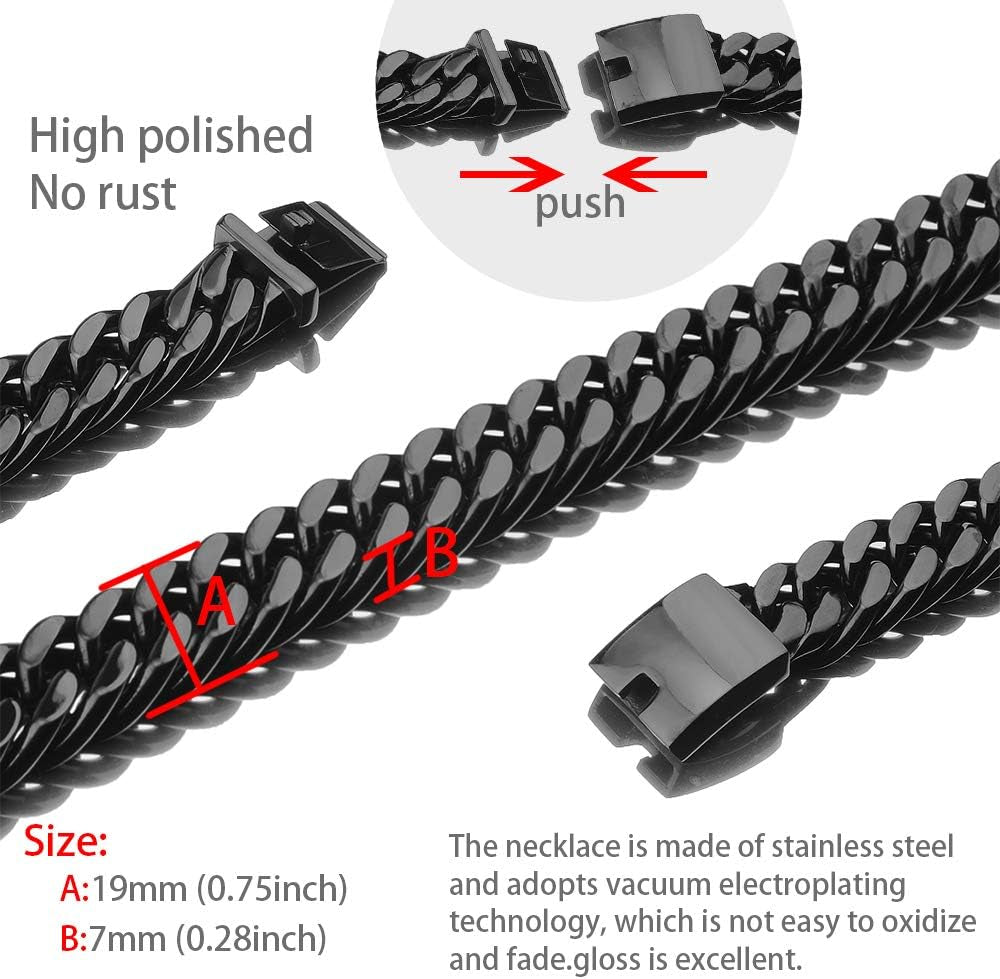 Chunky Mens Black Necklace Stainless Steel Curb Cuban Link Miami Chain Heavy Black Mens Choker