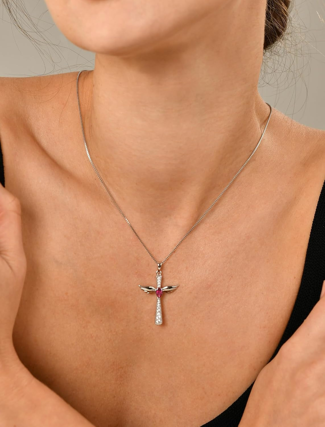 Cross Necklace 925 Sterling Silver Angel Wings Pendant Teardrop Birthstone Criss Jewelry for Women