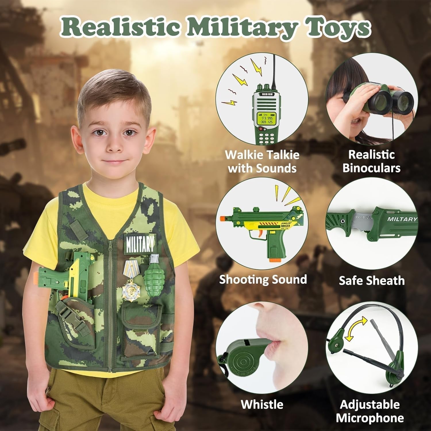 13 Pcs Army Costume for Boys 6-8 3-5, Kids Army Toys Costume Vest, Military Toys for Kids, Soldier Role Play Toddler Dress up Clothes with Toy Gun Set and Accessories,Halloween Costumes for Kid