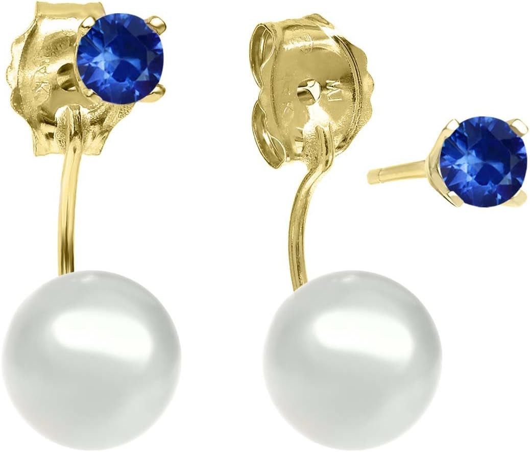 0.26 Ct round 3Mm Blue Sapphire 14K Yellow Gold Stud Earrings with Cultured Freshwater Pearls
