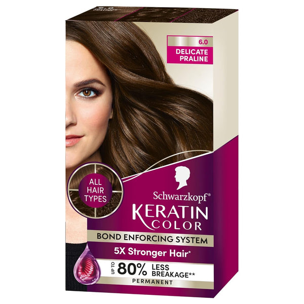 Keratin Permanent Hair Color, 6.0 Delicate Praline, 1 Application - Professionally Inspired Permanent Hair Dye, for up to 80% Less Breakage Vs Untreated Hair and up to 100% Gray Coverage