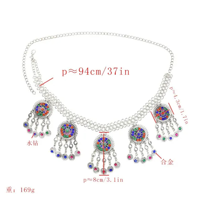 Bohemian Coin Tassel Color Rhinestones Hollow Out Waist Belly Body Chain for Woman