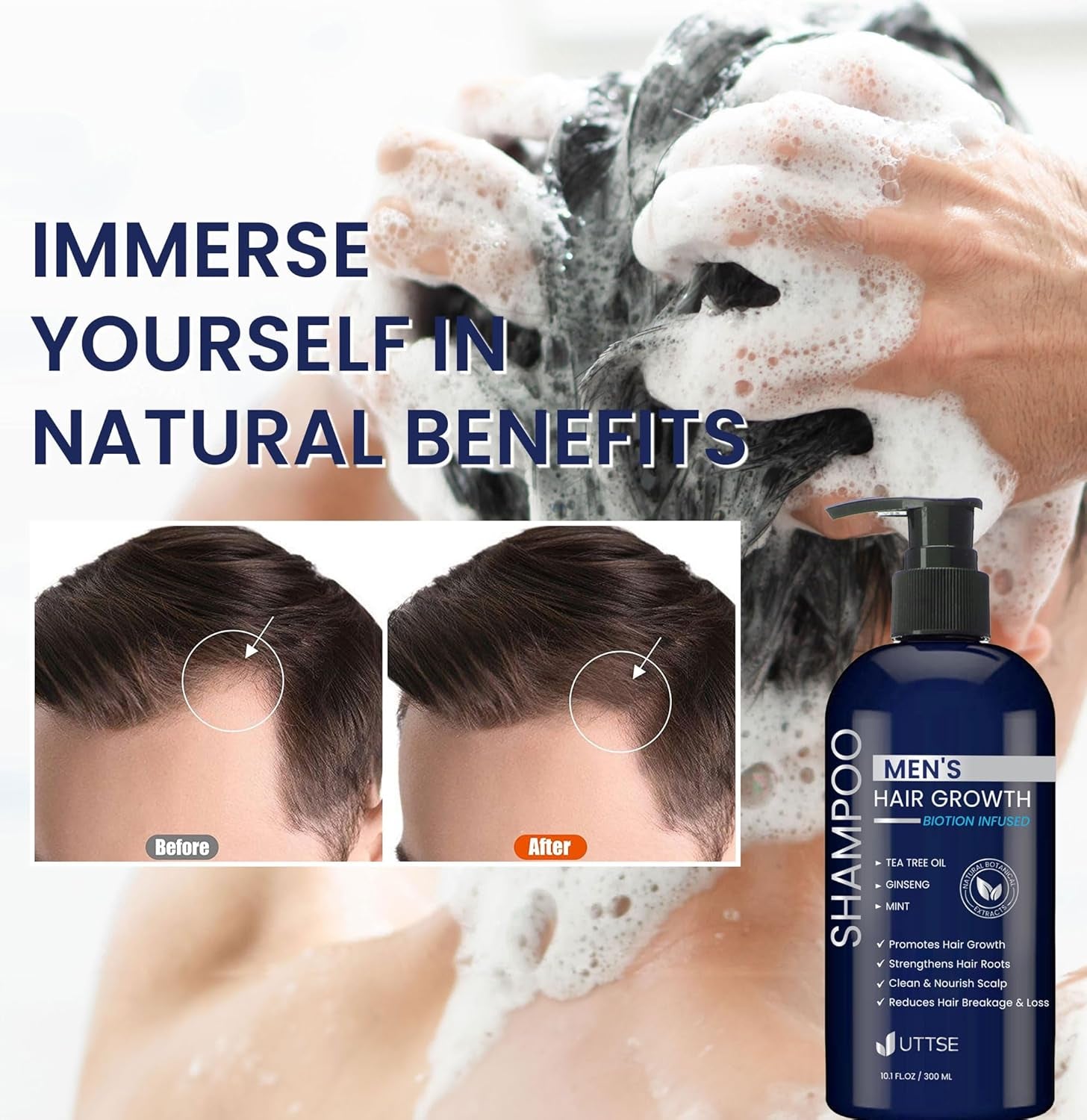 Biotin Hair Growth Shampoo for Men: Natural Thickening Shampoo with Tea Tree Oil Ginseng Mint for Hair Loss and Thinning Hair - 10.1 Fl.Oz, Dark Blue