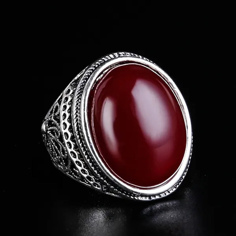 Gemstoneking 925 Sterling Silver Mens Wedding Bad Red Simulated Onyx Men'S Luxury Gothic Vintage Biker Ring