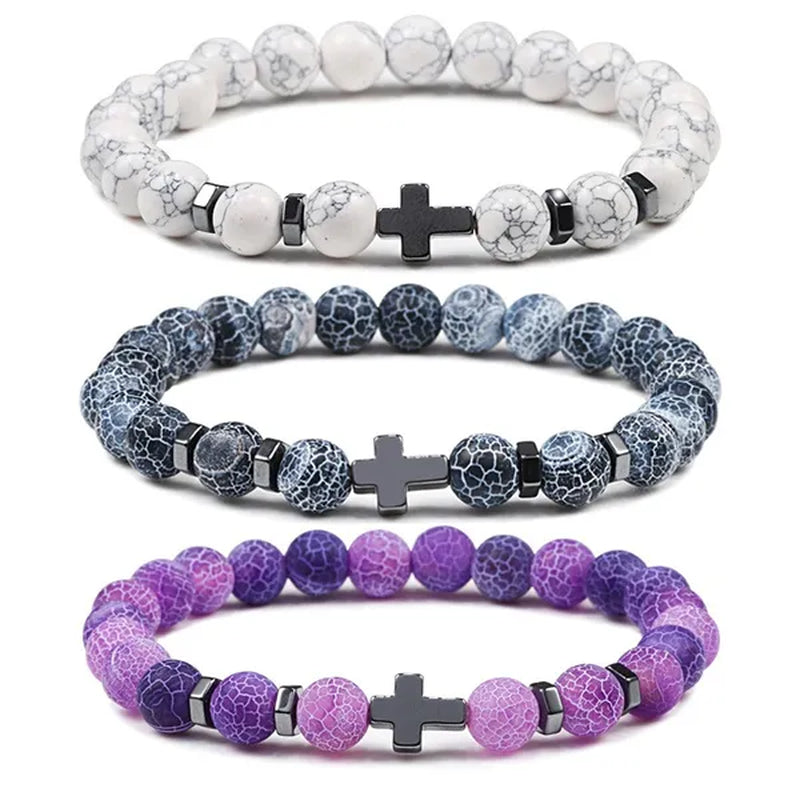 Hot Men Natural Tiger Eye Beads Hematite Cross Bracelets Onyx Meditation Prayer Bead Bracelet Women Stone Yoga Jewelry Homme