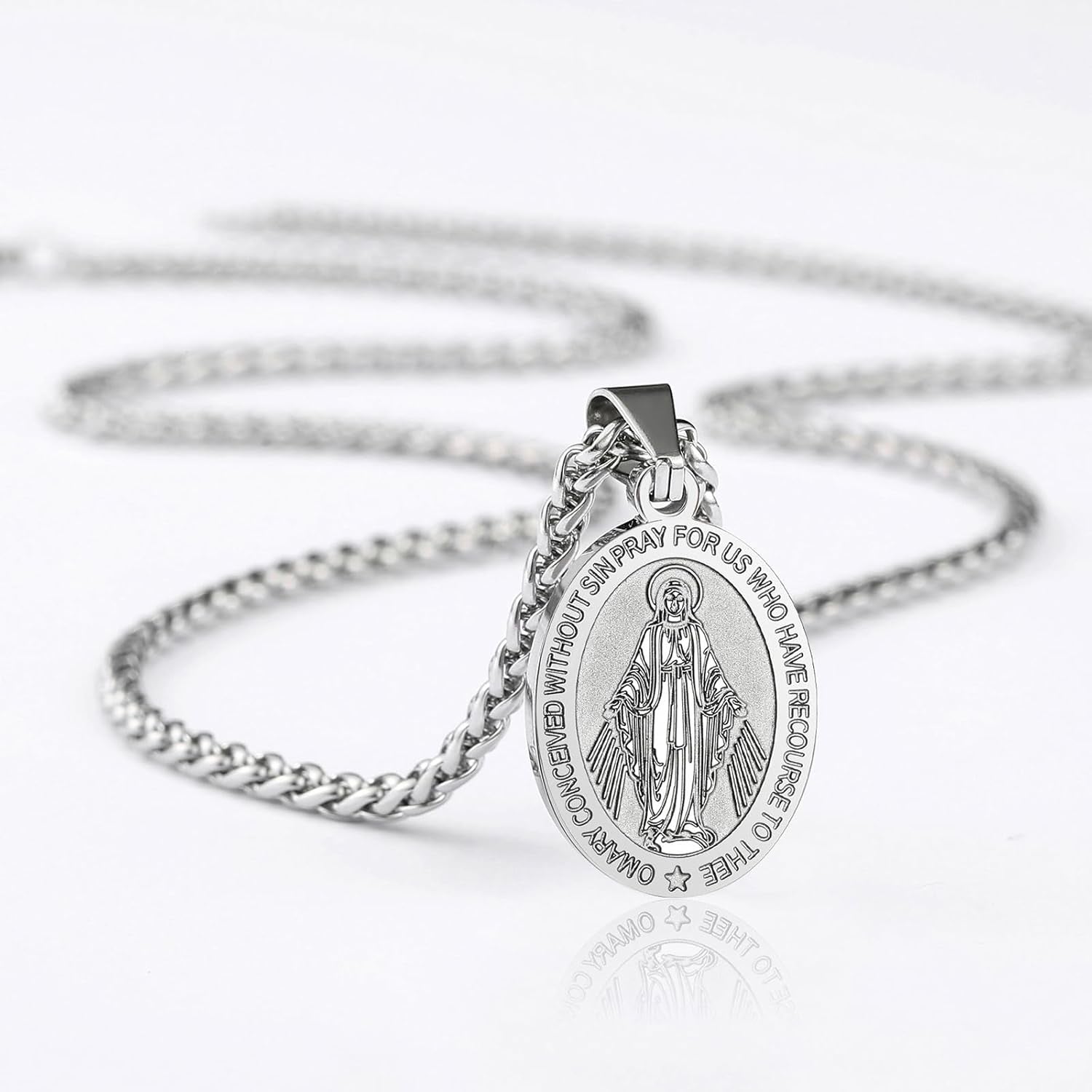 Virgin Mary Necklace for Men Boys Miraculous Medal Stainless Steel Mary Mother of God Pendant De La Virgen Maria Medallion Holy Mary Charm