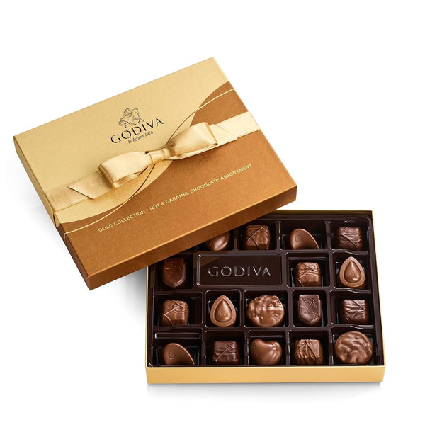 Chocolate Gift Box for Birthday, Thank You, Anniversary, Gift Basket Gold Ribbon Gourmet Nuts Dark and Milk Chocolate Candy Assortment with Praline and Caramel, 18Pc