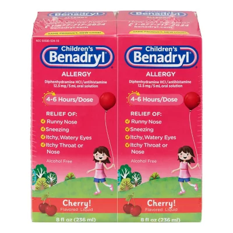 Children'S Benadryl Antihistamine Allergy Liquid, Cherry, 8 Fl. Oz., 2 Pk.