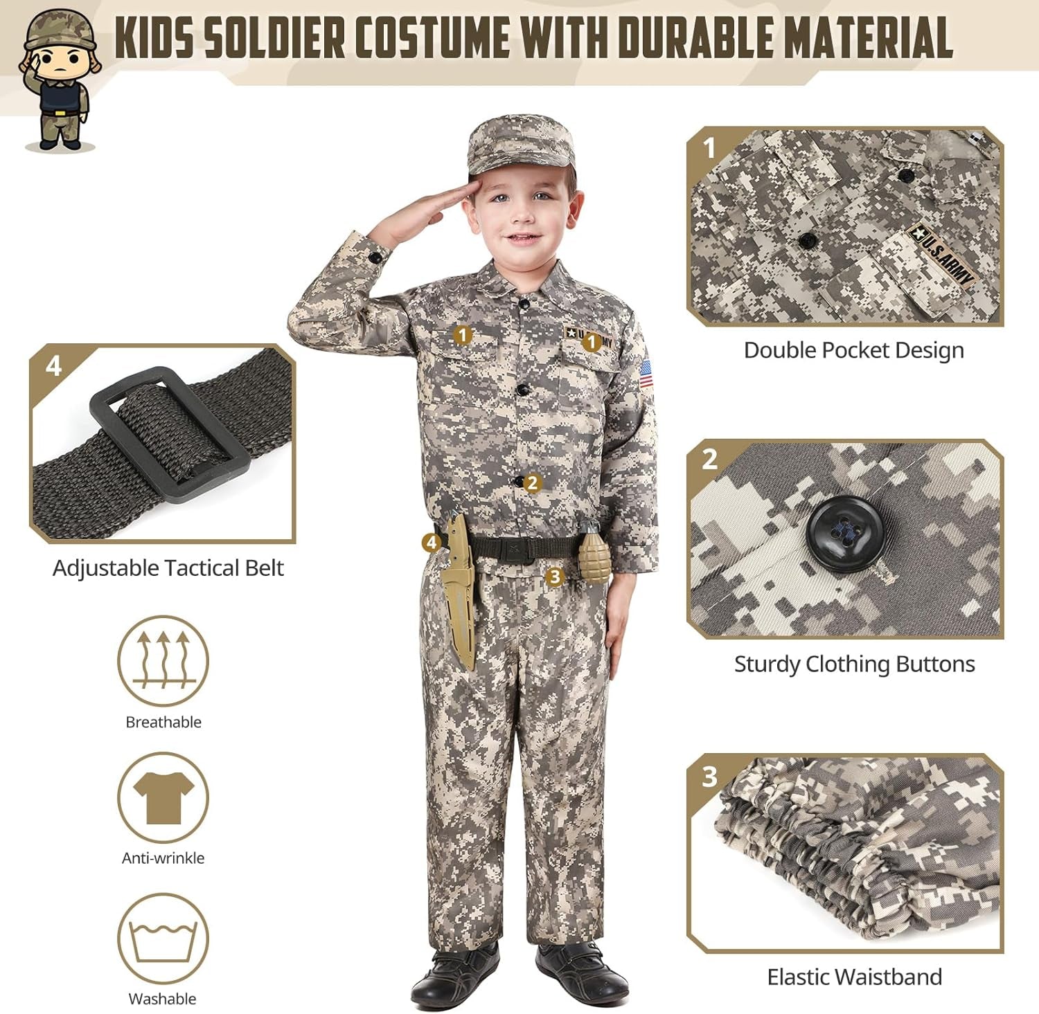 Kids Army Soldier Dress up Costume Role Play Set, Deluxe Christmas Gift for Kids Boys Aged 3-12