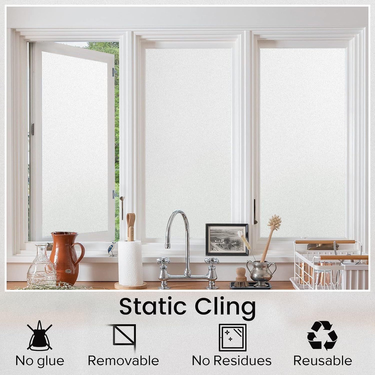 Window Privacy Film, Non-Adhesive Frosted Glass Window Film for Bathroom, Static Cling Heat Blocking Stickers for Home Indoor Opaque Frosting Coverings House Tint, Matte White 17.5" X 78.7"