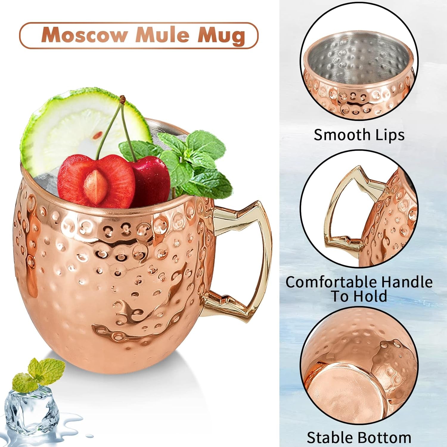 Moscow Mule Mugs Copper Mule Cup Kit 18Oz Set of 4 with Handle Large Copper Hammered Plating Cups with 0.5Oz Double Jigger, Stainless Steel Straws, Spoon for Cold Drinks Cocktails Wine