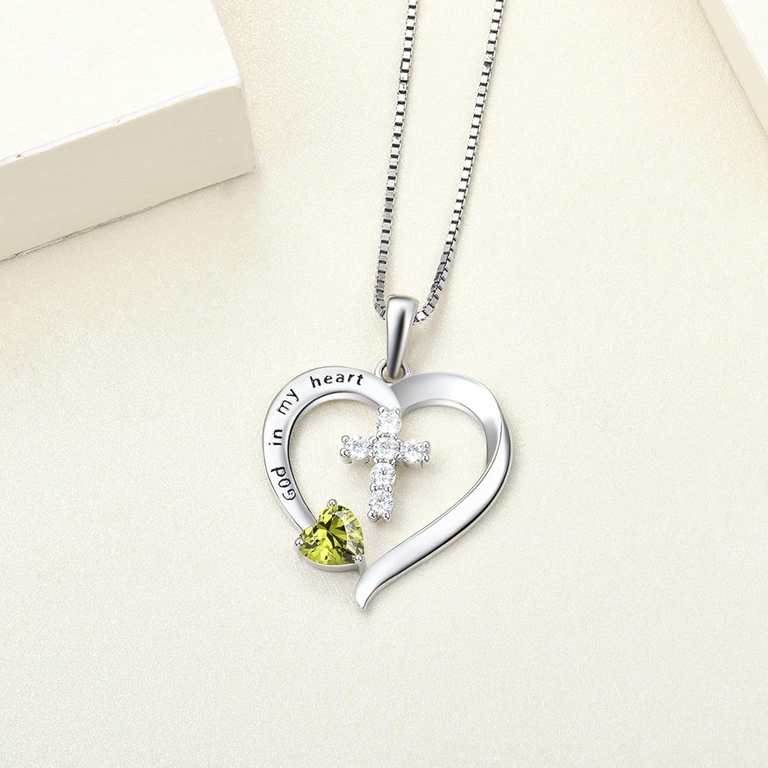 Women'S Heart Cross Necklace 925 Sterling Silver Birthstone Pendant God in My Heart Jewelry