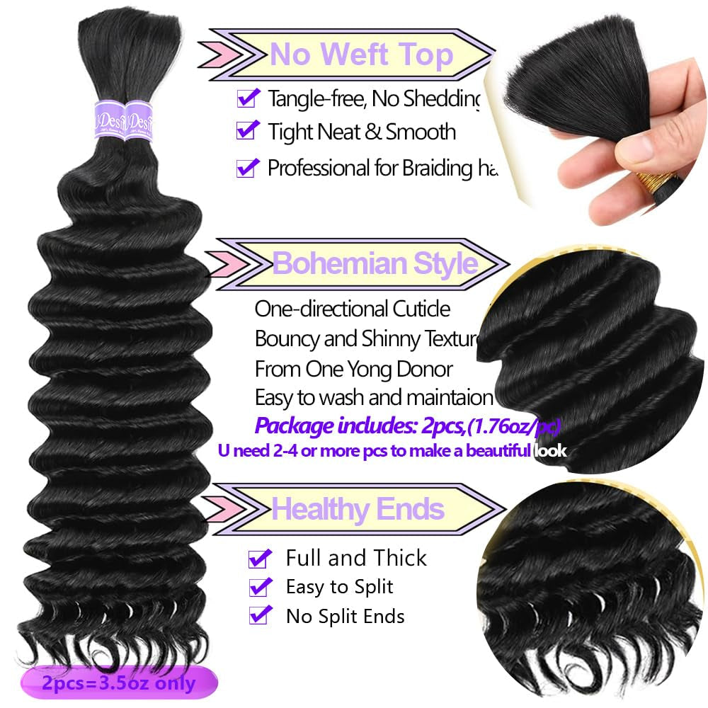 Human Hair Bulk for Braiding No Weft 100% Unprocessed Brazilian Virgin Weave Braid Deep Wave Curly Human Hair Extensions Two Bundles Micro Braiding Human Hair 100G No Weft 20 Inch