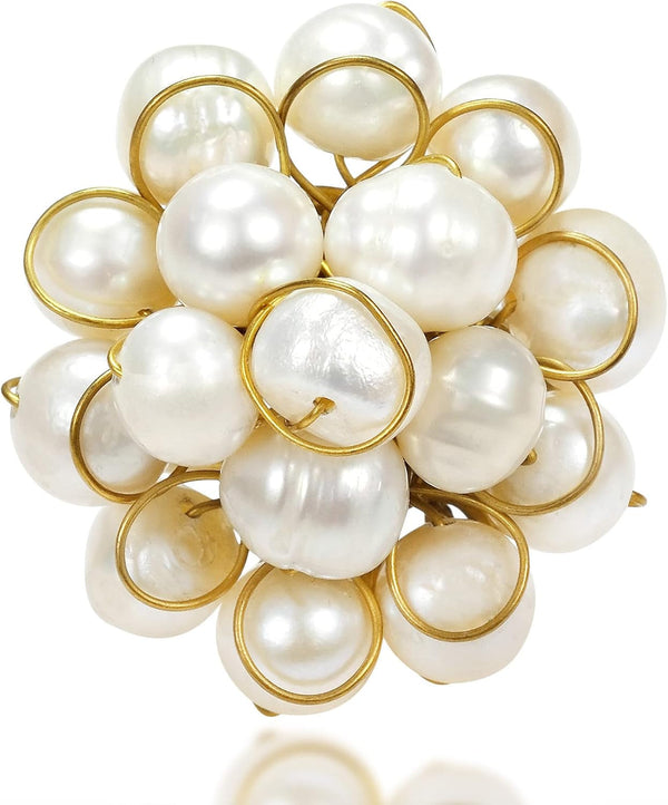 Unique round Front Cluster Cultured Freshwater Pearl Free Size Ring | Flower Shaped Vintage | Elegant Wedding Rings for Women | Large Ring Stone