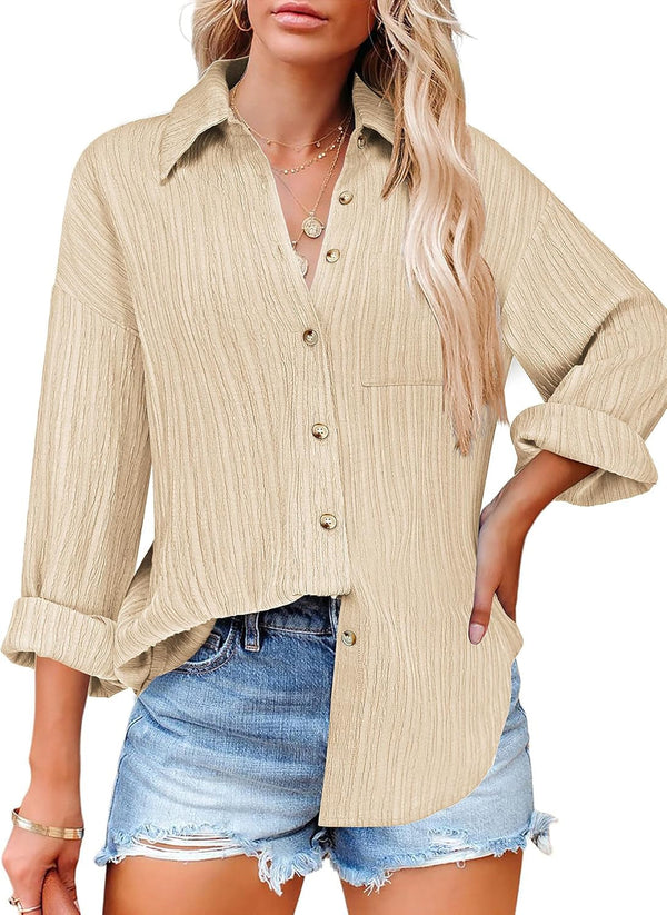 Womens Button down Shirts Long Sleeve Dress Shirt Textured Collared Work Blouse Dressy Casual Tops with Pocket
