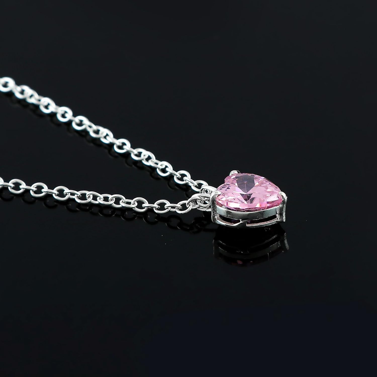 Synthetic Pink Sapphire Heart Pendant Necklace, Crystals Pendant, Energy Healing Crystals Birthstone Jewelry, 16 + 2 Inch Silver Plated Adjustable Chain