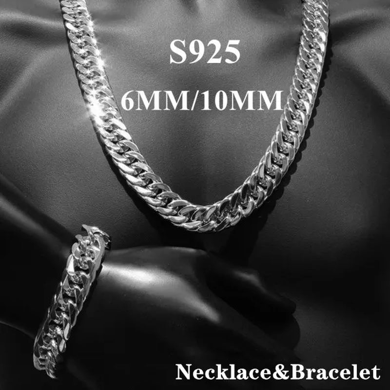 High Quality Exquisite Men Solid Heavy 925 Sterling Silver Smooth Necklace Bracelet Curb Chain Jewelry Set Gifts
