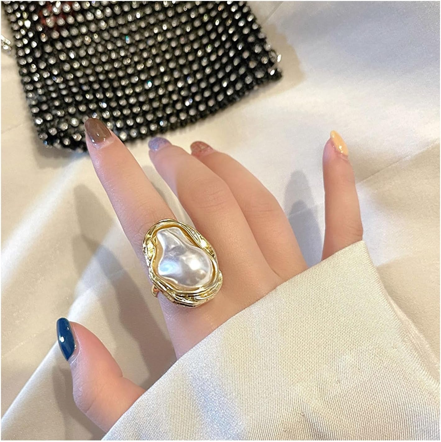 Pearl Ring for Women Geometrical Irregular Pearl Ring Womens Open Adjustable Index Finger Rings