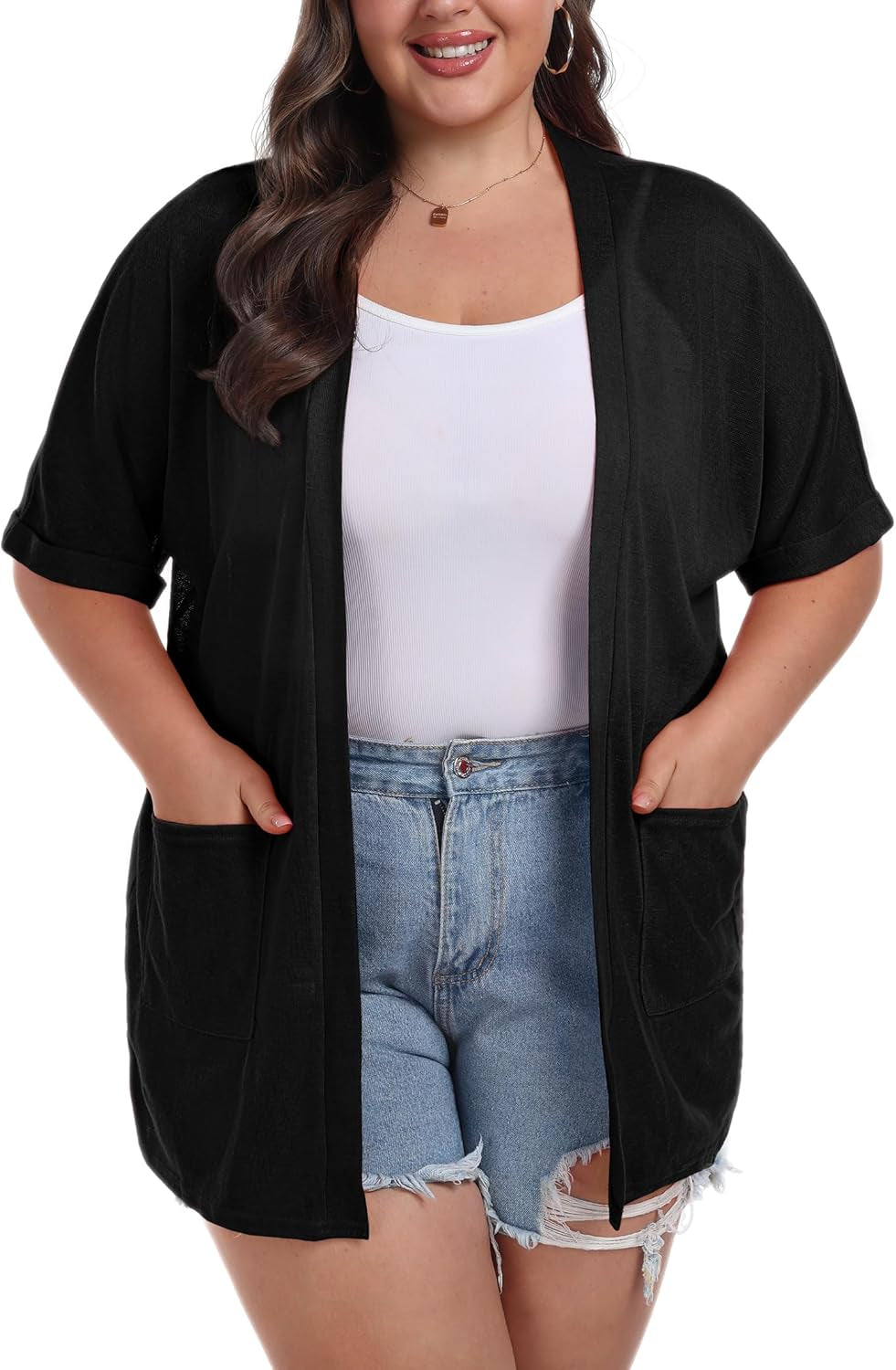 plus Size Lightweight Cardigan for Women Summer Sheer Short Sleeve Cardigan with Pockets Beach Cover Up