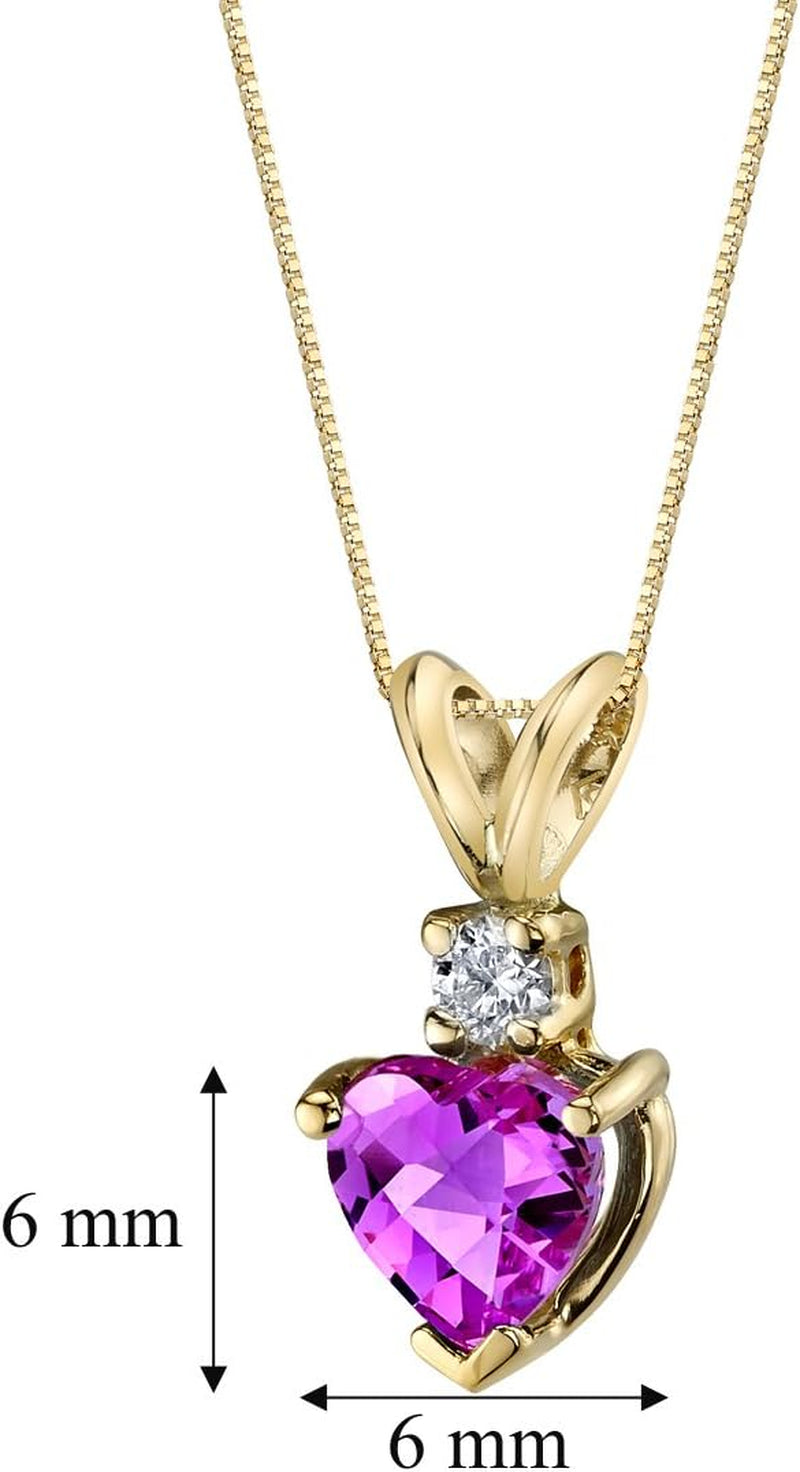 Created Pink Sapphire with Genuine Diamond Pendant in 14 Karat Yellow Gold, Heart Shape Solitaire, 6Mm, 1.15 Carats Total, September Birthstone Necklace, Sparkling Sapphire Jewelry