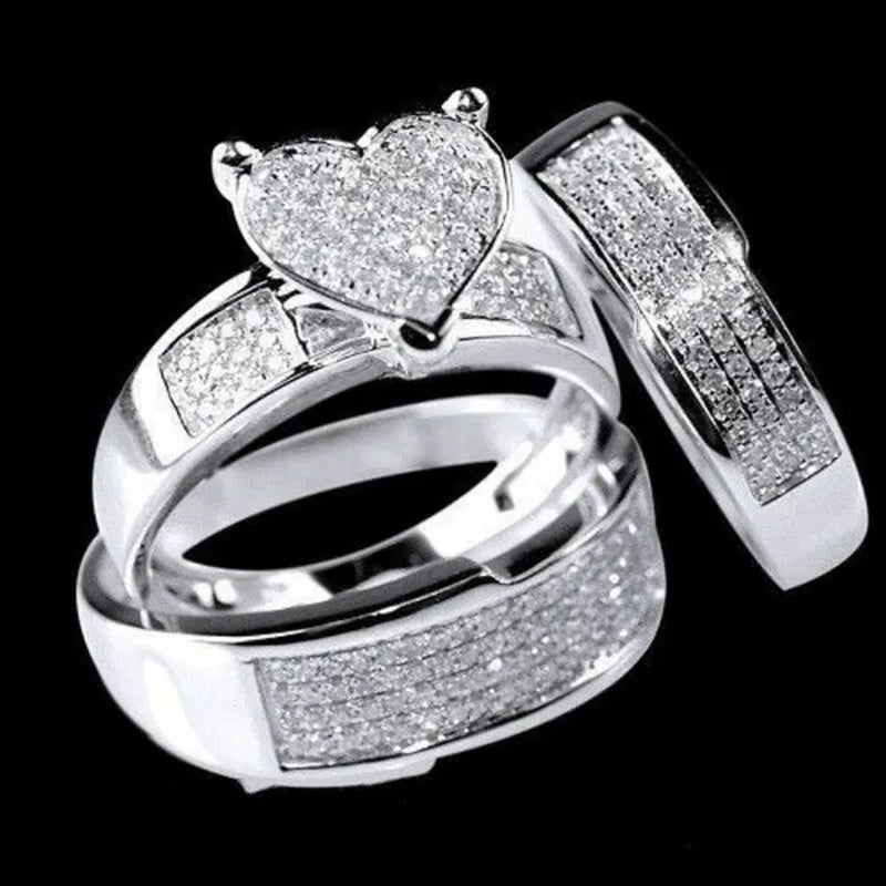 3 Pieces / Set of Super Beautiful Heart-Shaped Ring Jewelry Exquisite Women'S 925 Sterling Silver Filled Natural White Sapphire Gemstone Diamond Ring Set Anniversary Gift Bride Engagement Wedding Ring Jewelry Set