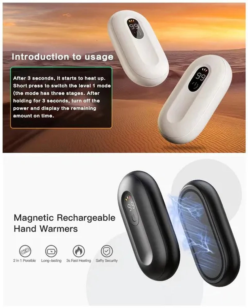 Pack of 2 Hand Warmers Rechargeable Power Bnak, Portable Pocket Heater Warm Gift for Outdoors, Camping, HuntingMagnetic Electric Hand Warmer with Digital Display, Reusable Handwarmers Heat Up to 140℉