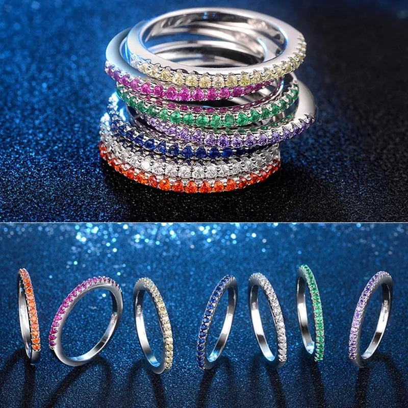 CANDICE Simple Sterling Silver Plated Eterity Wedding Ring Pave Natural Rose Red Green Blue Cubic Zirconia Stackable Rings Fashion Jewelry for Women Engagement Gift（Us SIZE 6-9）