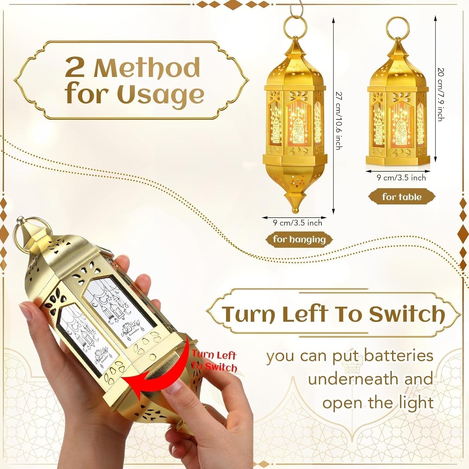 4 Pcs Ramadan Lantern Hanging Hexagon Decorations Ramadan Mubarak Lantern LED Eid Mubarak Lights Kids Gifts for Home Muslim Islam Festival Porch Decor(Electroplated Gold)
